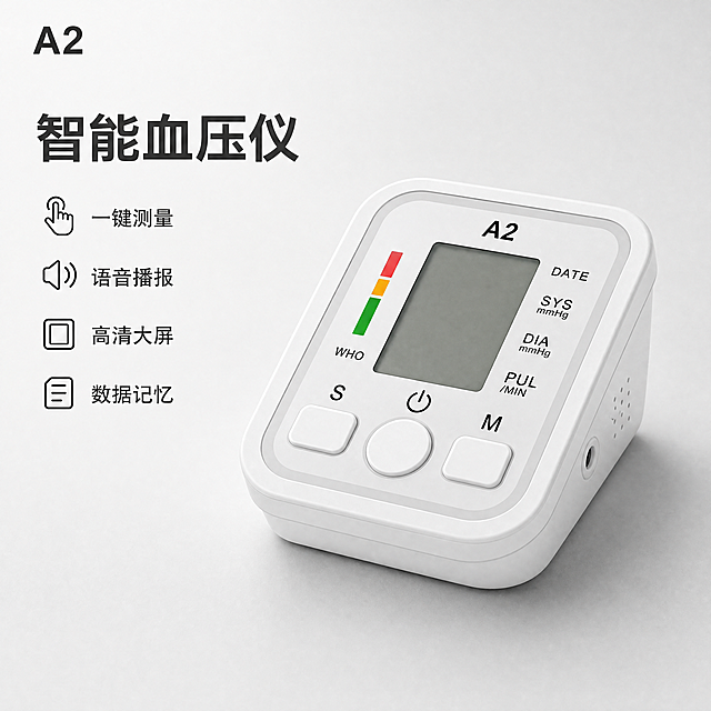 [主图-1] 智能电子血压仪产品首图
[氛围风格] 专业医疗简约风格
[画质] 商业摄影质感、光线柔和通透、产品清晰真实、画面干净高级。保持血压仪主机外观（物理结构、材质质感、颜色）与输入产品图绝对一致，杜绝任何变形和色差，精细化处理。商品主体占比严格控制在60%-80%之间
[元素] 血压仪主机45°斜侧视角居中展示，浅灰色专业工作台背景，左上角放置提取自产品图的型号标识"A2"，左上角安全区域不遮挡产品主体。画面干净专业，满屏无边框。左侧排版主标题和核心卖点：大字主标题"智能血压仪"深灰色粗体无衬线；下方四个卖点短句"一键测量""语音播报""高清大屏""数据记忆"，采用图标+文字组合，清晰易读。产品轮廓清晰，边缘高光干净，主体突出。
[光影] 顶部柔光为主光，均匀照亮主体，机身底部自然投影，增强立体感，画面明快不灰暗，背景干净通透。
[配色] 主色调浅灰白，产品白色机身，深灰色文字，专业简约配色，对比度足够清晰。
[视角构图] 45°斜侧平视，产品为绝对视觉中心，景深适中，轮廓完整不裁切。
[文字版式] 左上角左对齐留安全边距，大字文案"{智能}血压仪"，深灰色最大号粗体无衬线，辅助卖点短句分四行排版，字号约为标题一半，保持清晰层级。文字不遮挡主体。
[比例分辨率] 1:1 比例，4k 分辨率；文字清晰锐利，画面超高清。
[负向提示词] 变形，水印，文字错乱，产品图模糊，背景杂乱，玩具感，廉价感，夸大文案