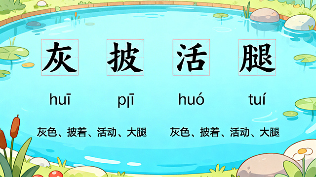 小蝌蚪找妈妈汉字教学PPT第四页，生字认一认，浅蓝色卡通池塘背景，页面上展示四个大生字：灰、披、活、腿，每个字标注对应的拼音，下方有组词，排版分成两行两格，每个格子很大，留白充足，整体可爱风
