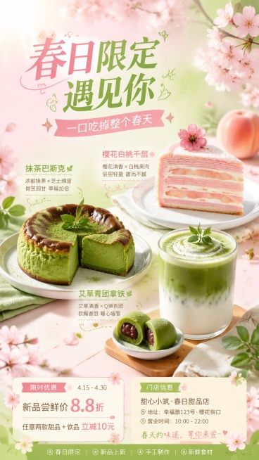 春日限定甜品上新海报，整体风格清新治愈日系，9:16竖版。主标题在画面上方："春日限定 遇见你"，副标题："一口吃掉整个春天"，三款甜品：抹茶巴斯克、樱花白桃千层、艾草青团拿铁在画面中间错落分层展示。预览效果