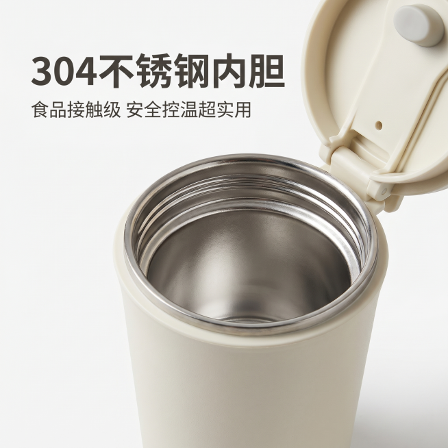 [主图-2] 保温杯核心卖点展示，突出304不锈钢内胆材质安全；
[氛围风格] 简约品质风，干净通透；
[画质] 商业摄影质感，光线柔和通透，产品清晰真实，画面干净高级；
[元素] 展示保温杯开盖后内预览效果