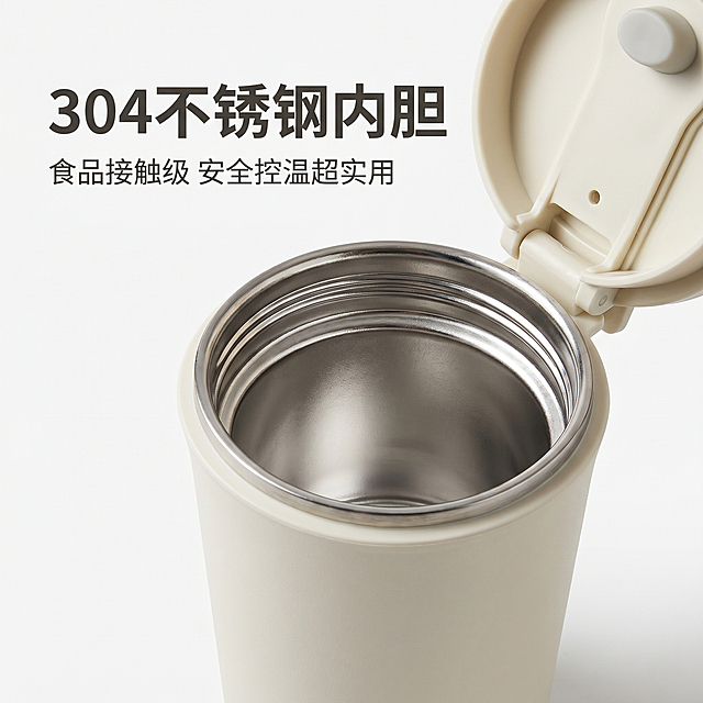 [主图-2] 保温杯核心卖点展示，突出304不锈钢内胆材质安全；
[氛围风格] 简约品质风，干净通透；
[画质] 商业摄影质感，光线柔和通透，产品清晰真实，画面干净高级；
[元素] 展示保温杯开盖后内胆结构，保持产品外观（物理结构、材质质感、奶白磨砂颜色）与输入产品图绝对一致，杜绝任何变形和色差，精细化处理。商品主体占比约70%，画面满屏无边框；
[光影] 均匀柔和棚拍光线，突出内胆金属质感，细节清晰可见；
[配色] 主色调为不锈钢银色+奶白色，简洁专业；
[视角构图] 略微仰视，内胆细节为视觉中心，景深较浅突出主体；
[文字版式] 左侧文字右对齐，大字文案“304不锈钢内胆”深灰色粗体，下方小字“食品接触级 安全控温超实用”，文字占比小于30%，符合京东平台规范；
[比例分辨率] 1:1比例，2k分辨率，文字清晰可辨，超高清；
[负向提示词] 变形，水印，文字错乱，产品图模糊，背景杂乱，文字遮挡主体