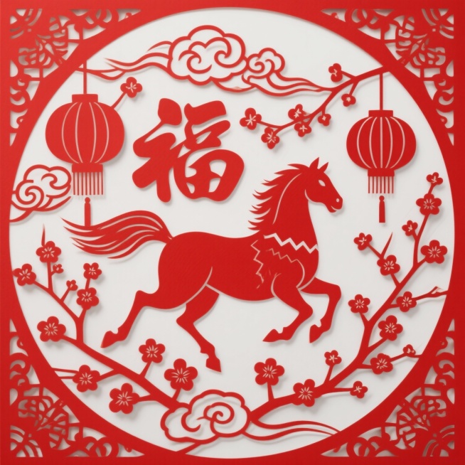 生成马年春节元素的窗花 白底 窗花仅用红色构成预览效果