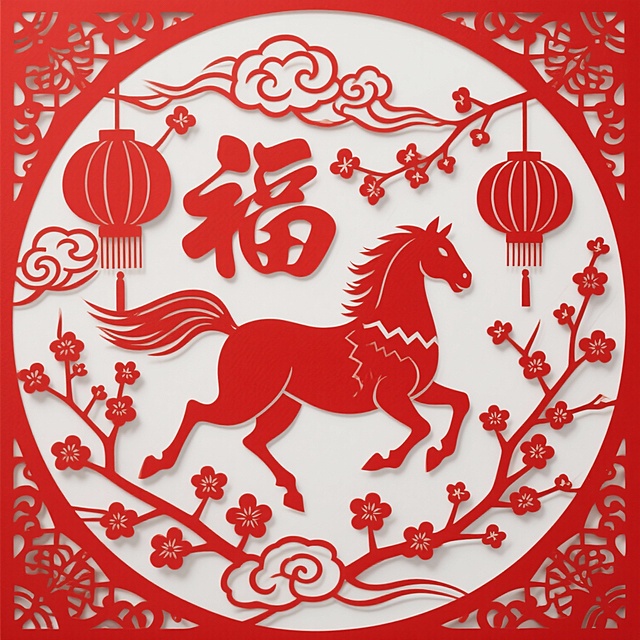 生成马年春节元素的窗花 白底 窗花仅用红色构成