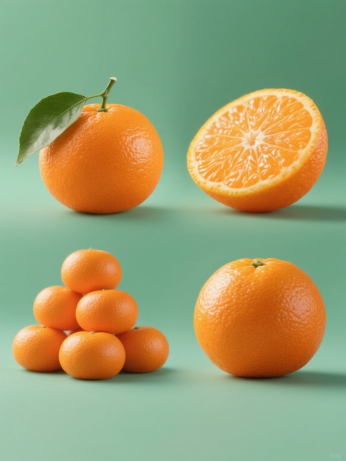 一套4个规整排布的水果素材，保持超写实摄影风格，主色调为鲜亮的橙色与绿色，光影呈现自然柔和的顶部光源效果，表面有细腻的高光和真实的水果纹理质感，每个素材以纯色背景呈现，画面中包含不同造型样式的橘子——完整带叶的橘子、剥开一半露出果肉的橘子、堆叠的橘子组合、单个橘子特写，所有橘子均具有饱满的形态和新鲜的光泽感，无任何文字、logo或水印。预览效果
