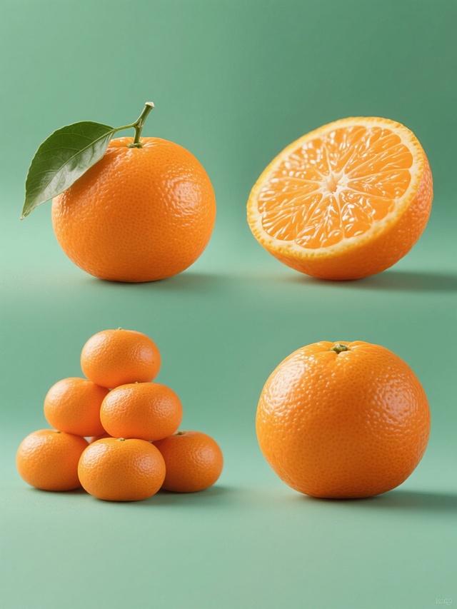 一套4个规整排布的水果素材，保持超写实摄影风格，主色调为鲜亮的橙色与绿色，光影呈现自然柔和的顶部光源效果，表面有细腻的高光和真实的水果纹理质感，每个素材以纯色背景呈现，画面中包含不同造型样式的橘子——完整带叶的橘子、剥开一半露出果肉的橘子、堆叠的橘子组合、单个橘子特写，所有橘子均具有饱满的形态和新鲜的光泽感，无任何文字、logo或水印。