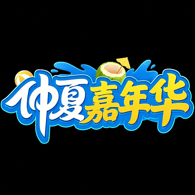 参考原图片夏季海浪椰汁风格，修改文字为：仲夏嘉年华，嘉年华三个字为黄色，保留整体蓝色描边风格，保留椰汁和海浪装饰元素