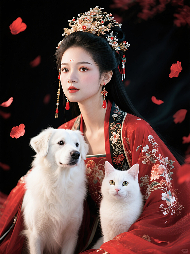 一位身着红色古风服饰的女子，她的服饰上装饰着精美的花纹和饰品，头上戴着华丽的头饰，耳间挂着红色耳饰，尽显华贵。女子身旁依偎着一只白色的狗和猫，狗和猫的毛发洁白柔顺，眼神明亮。背景为深色，飘落的红色花瓣增添了神秘而浪漫的氛围，整体画面给人一种奇幻且唯美的感觉，蕴含着与狗和猫相关的奇幻故事元素。