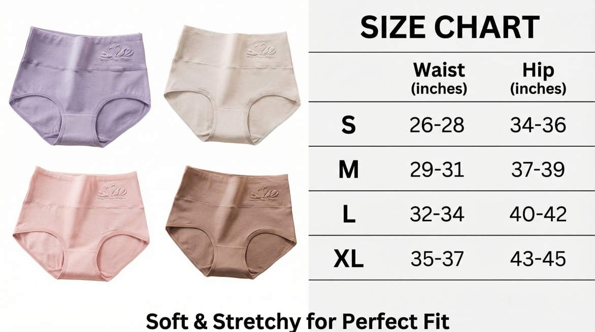 清晰的尺码信息图表，左侧展示这款高腰纯棉三角内裤，右侧用英文标注尺码表：S/M/L/XL对应的腰围、臀围数据，底部标注 "Soft & Stretchy for Perfect Fit"，整体排版简洁预览效果
