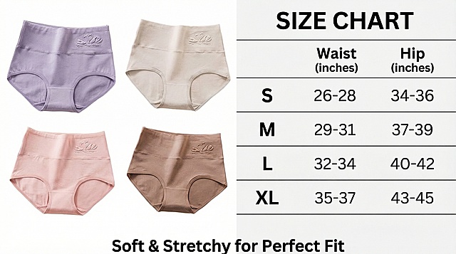 清晰的尺码信息图表，左侧展示这款高腰纯棉三角内裤，右侧用英文标注尺码表：S/M/L/XL对应的腰围、臀围数据，底部标注 "Soft & Stretchy for Perfect Fit"，整体排版简洁明了