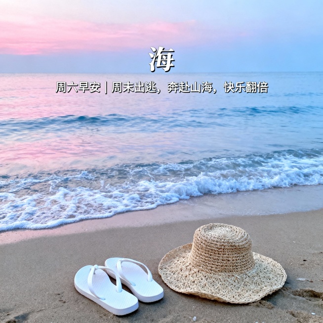 画面：海边沙滩，清晨的浪花轻拍海岸，沙滩上有一双白拖鞋 + 一个编织草帽，远处是淡粉色朝霞；清新蓝粉渐变，画面通透；文字：🌊 周六早安｜周末出逃，奔赴山海，快乐翻倍50*50pk预览效果
