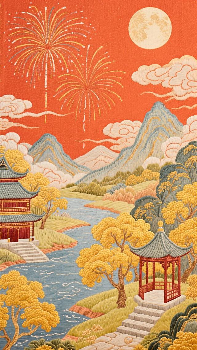 红橙色背景打底，背景中有烟火，圆月、云彩，下方有层峦叠嶂的金色，红色山峦、蜿蜒的河流，中式亭台楼阁，金黄的树木和石阶小路。