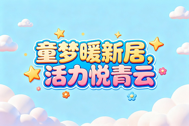 梦幻感插画风，软3D大字搭配蜡笔色块，描边勾勒童趣云朵与星星，萌趣可爱，传递甜蜜温馨的节日氛围。