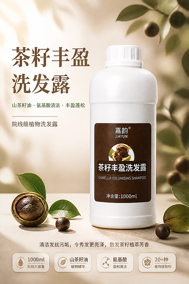 [第1张] 详情页首屏主图-嘉韵茶籽丰盈洗发露1000ml产品海报。本张使用【图1】作为商品主体，保持瓶身白色、棕色标签、茶籽图案、嘉韵JIAYUN品牌字样、净含量1000ml等外观完全一致。
[氛围/风格] 院线级植物洗护风，温润自然高级感，商业摄影质感，茶籽棕绿配色，适合1688批发/院线采购场景。
[元素布局] 洗发露瓶置于画面中偏右，占比约55%-60%，正面微侧角度；左侧留大面积标题区；背景为温润渐变棕米色，点缀山茶籽、绿叶、柔和光斑；底部有浅色台面承托，台面散落2-3颗茶籽和叶片；前景有淡淡植物光晕。
[光影质感] 左上方柔和主光，右侧辅光提亮瓶身，瓶身保留自然高光与通透感，底部柔和投影，整体明亮温润。
[配色色系] 全局底色 #F5EFE6 米棕渐变；主色 #6B4423 茶棕；辅助色 #7BA05B 植物绿；点缀色 #C9A66B 金棕。
[视角构图] 正面微仰视，产品为视觉中心，阅读动线左上主标题 → 左侧副标题 → 右侧产品 → 底部卖点标签。
[文字版式] 左上标题区 + 右侧产品 + 底部4个胶囊卖点标签。主标题「茶籽丰盈洗发露」，副标题「山茶籽油 · 氨基酸清洁 · 丰盈蓬松」，下方小字「院线级植物洗发露」；底部横向4个圆角胶囊标签：「1000ml院线大容量」「山茶籽油植物精华」「氨基酸温和清洁」「20+种植物提取物」；产品定位语小字置于标签上方：「清洁发丝污垢，令秀发更亮泽，散发茶籽植萃芳香」。文字清晰可读，不遮挡瓶身主体。
[比例分辨率] 9:16 竖版比例，4K 分辨率，文字清晰可辨，高清画质。
[负向提示词] 瓶身变形，标签文字错乱，缺件错件，颜色偏差，水印，文字过小，背景杂乱，产品图模糊。