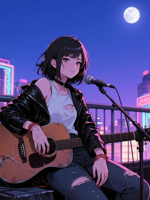 动漫风格：
22岁驻唱歌手女孩，坐在酒吧天台的旧吉他旁，黑色皮夹克搭在肩上，内搭白色破洞T恤，手腕缠着褪色的红绳，眼神锐利却藏着疲惫。吉他弦断了一根，指尖有茧，背景是城市的夜空与远处的霓虹灯，月光洒在预览效果
