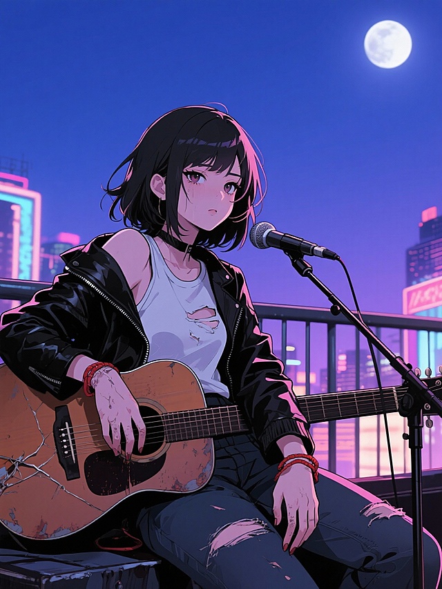 动漫风格：
22岁驻唱歌手女孩，坐在酒吧天台的旧吉他旁，黑色皮夹克搭在肩上，内搭白色破洞T恤，手腕缠着褪色的红绳，眼神锐利却藏着疲惫。吉他弦断了一根，指尖有茧，背景是城市的夜空与远处的霓虹灯，月光洒在她肩上，色调偏蓝紫，突出“锋利与脆弱并存”，暗调写实风格，细节突出（如皮夹克的磨损、指甲的油彩）。