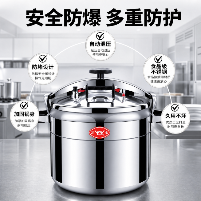[主图-2] 核心安全卖点展示
[氛围风格] 专业可信，突出安全性能
[画质] 商业摄影质感、光线柔和通透、产品清晰真实、画面干净高级
[元素] 万宝商用压力锅放置在画面中央，重点特写顶部多重安全阀门预览效果