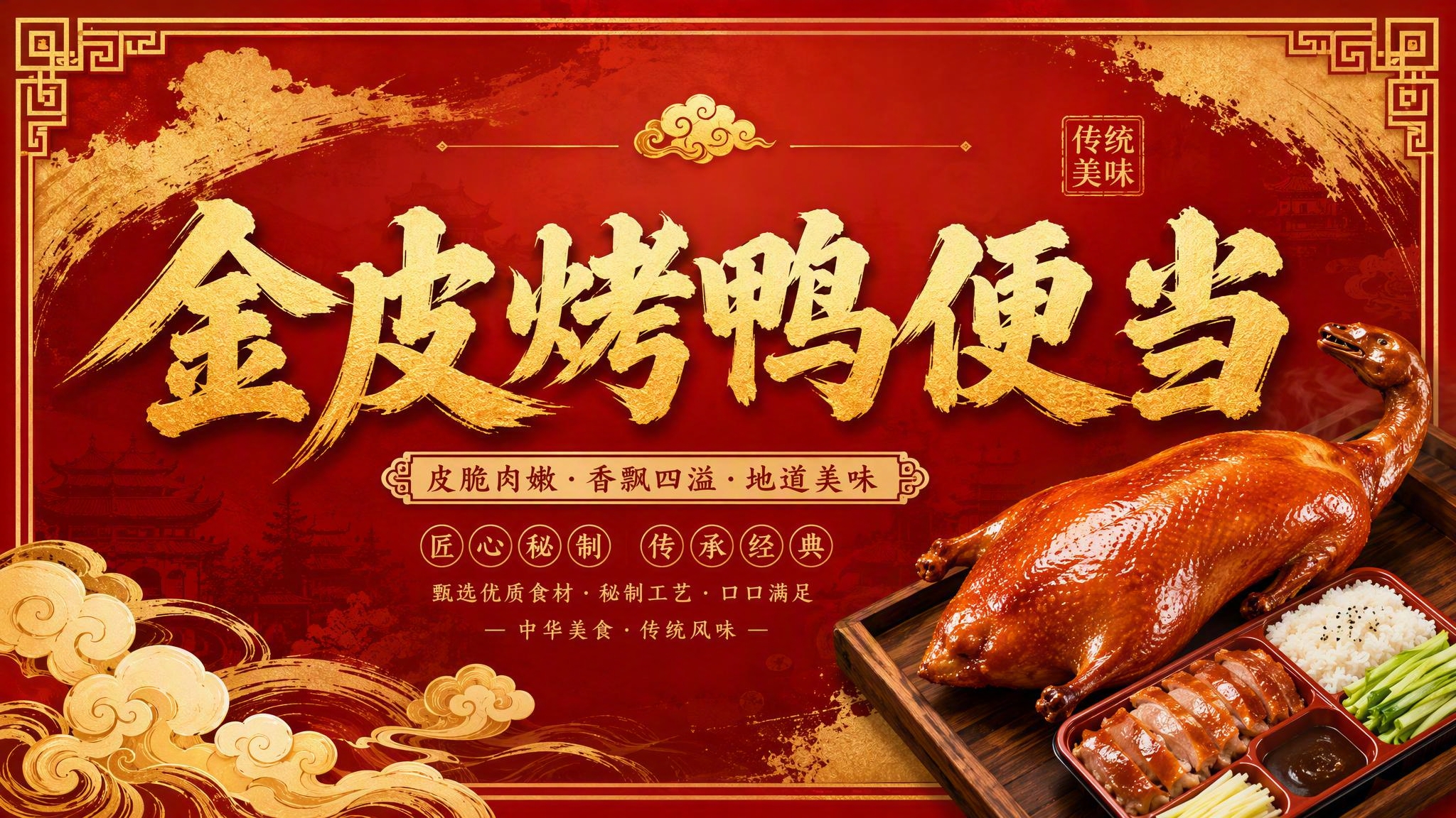 横版中国风美食海报，版式精美，中式传统韵味，适合餐饮宣传。主标… - 图片创意预览