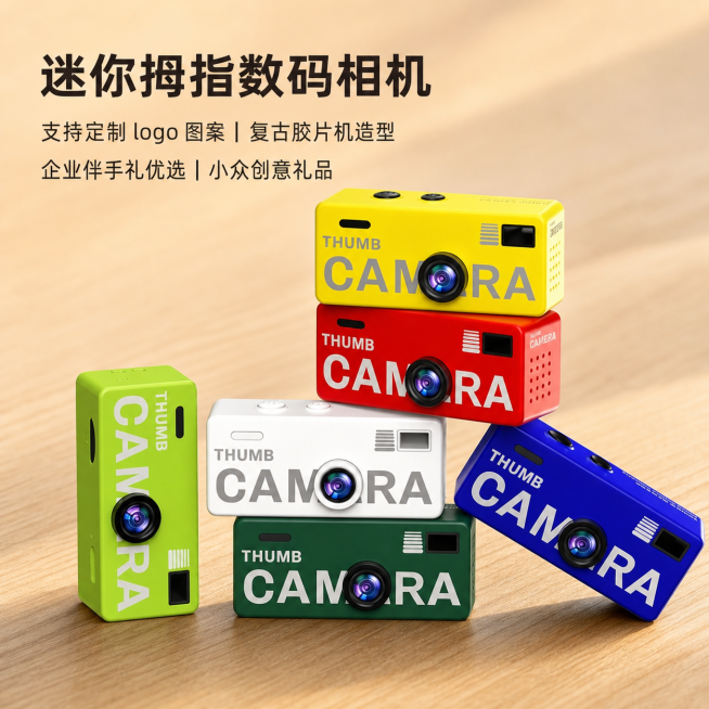 基于原图修改，将背景替换为极简风格的浅木桌面背景，不是纯色背景。完整保留所有相机的形状、颜色、位置、文字和本体细节，保持产品不变。在画面合适位置添加以下文字，文字不要遮盖产品："迷你拇指数码相机" "预览效果