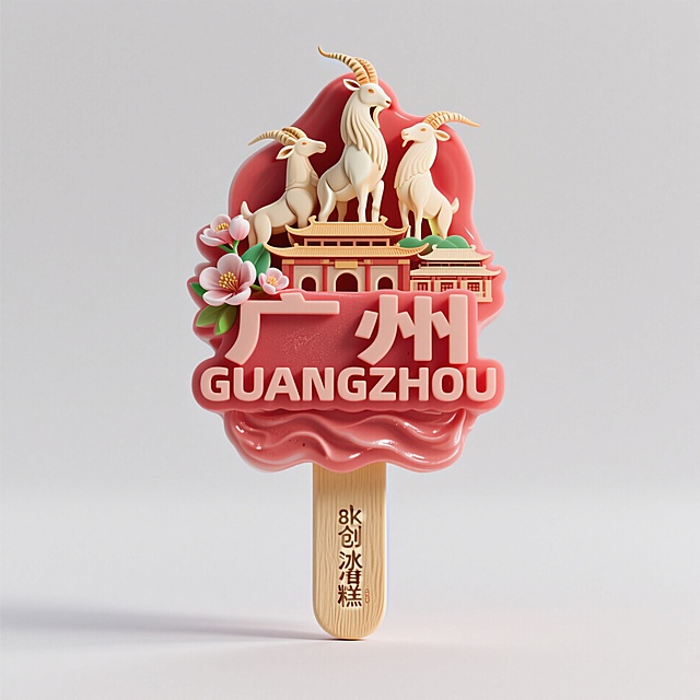 文创雪糕，画面主体为“广州 GUANGZHOU”，立体五羊雕像古建筑、木棉花元素装饰，红色