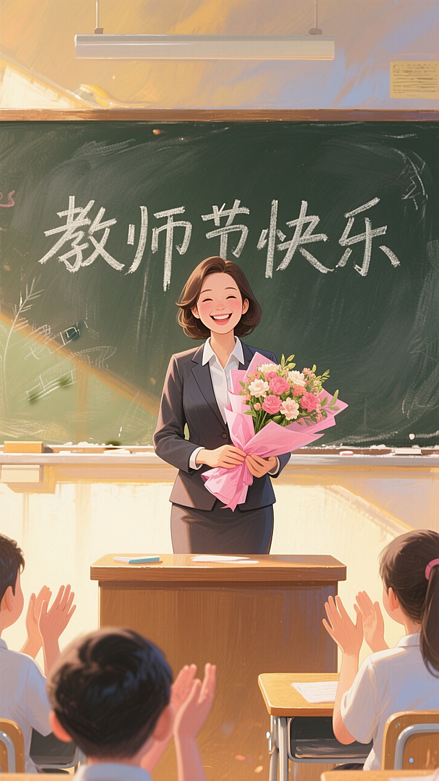 教室里，黑板上写着 “教师节快乐” ，一位笑容灿烂的女教师捧着粉色包装的一束花站在讲台上面对学生，学生鼓掌，暖黄色光影，正视，画面重心居下