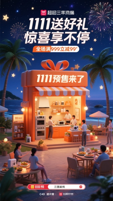 C4D渲染风格电商促销海报，深夜聚会场景，中央是橙色礼盒造型店铺，印有“1111预售来了”，店内有厨房电器，有人展示美食和操作电器，店外摆放产品和装饰且店铺亮着暖光，背景是海岛风光：深蓝色大海、高大椰预览效果