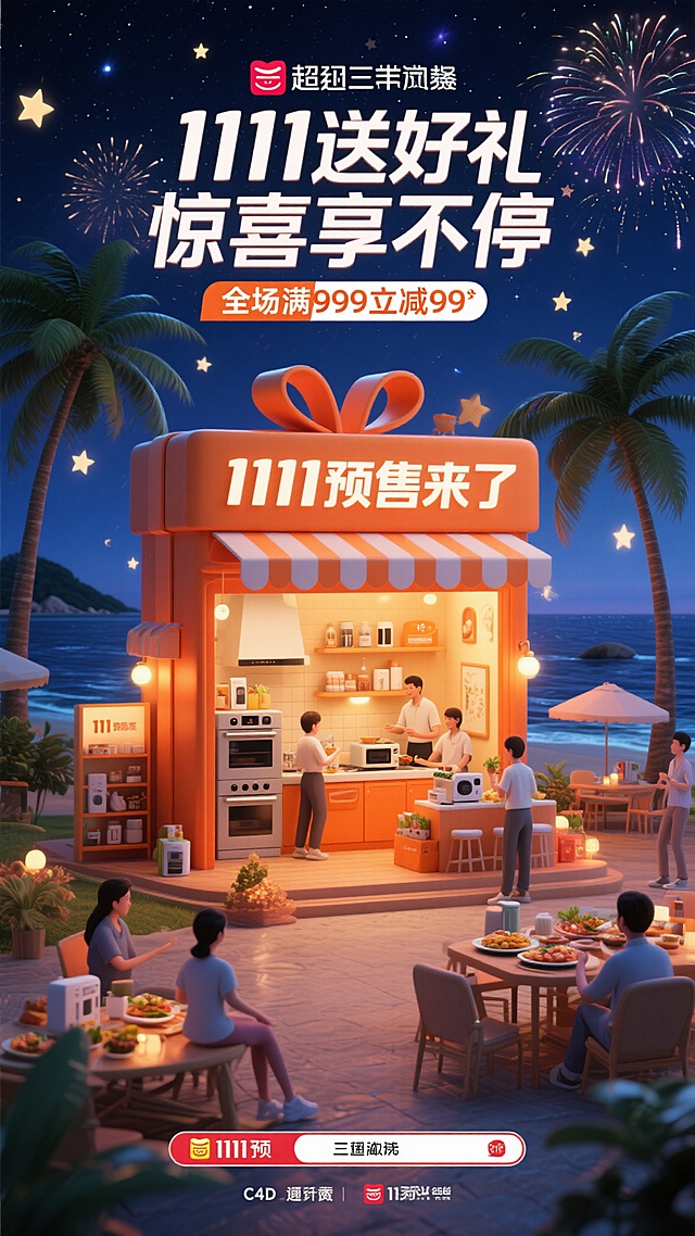 C4D渲染风格电商促销海报，深夜聚会场景，中央是橙色礼盒造型店铺，印有“1111预售来了”，店内有厨房电器，有人展示美食和操作电器，店外摆放产品和装饰且店铺亮着暖光，背景是海岛风光：深蓝色大海、高大椰子树、布满星星的深夜星空和绽放的烟花，海报上方有“1111送好礼 惊喜享不停”和“全场满999立减99”的文字，整体氛围热闹温馨，色彩鲜明