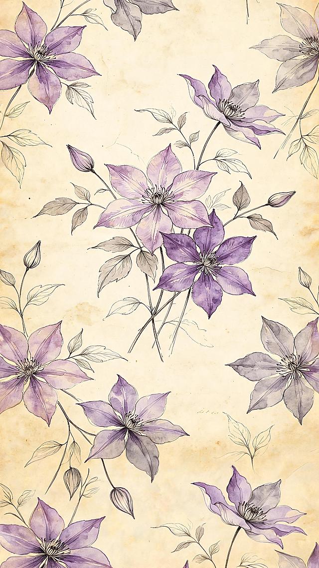 参考图片风格，重新生成淡紫色铁线莲花卉水彩画，做无缝背景，复古米黄做旧纸张背景，去掉所有文字