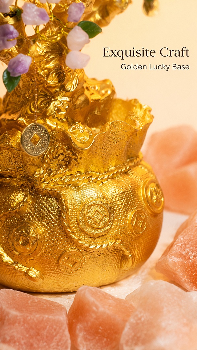 [第4屏] 底座细节展示，Golden Money Bag Base Craftsmanship。本屏使用【图1】作为商品主体，展示金色福袋底座细节。
[氛围/风格] 特写工艺质感，突出金属雕刻纹理与光泽，精致高级，真实摄影质感。
[元素布局] 特写聚焦金色福袋底座部分，保留原有铜钱纹理雕刻、金蟾造型细节，突出浮雕肌理与金色金属光泽；底部搭配原有的粉色水晶原石装饰，背景虚化处理，底座占画面约70%，细节清晰突出。
[光影质感] 底光+侧光组合打光，突出金色材质温润光泽和雕刻纹理凹凸感，阴影自然，质感强烈。
[配色色系] 全局底色 #f8f3e8；主色哑光金色；辅助色粉色原石点缀，浅暖背景。
[视角构图] 斜侧45°微距特写，突出工艺细节，背景简洁突出主体。
[文字版式] 右上角标题文字：主标题「Exquisite Craft」，副标题「Golden Lucky Base」，深色英文不遮挡底座纹理。
[比例分辨率] 9:16 竖版比例，4K分辨率，文字清晰可辨，高清画质。
[负向提示词] 雕刻变形，光泽失真，颜色偏差，缺件错件，文字错乱，水印，中文文字。