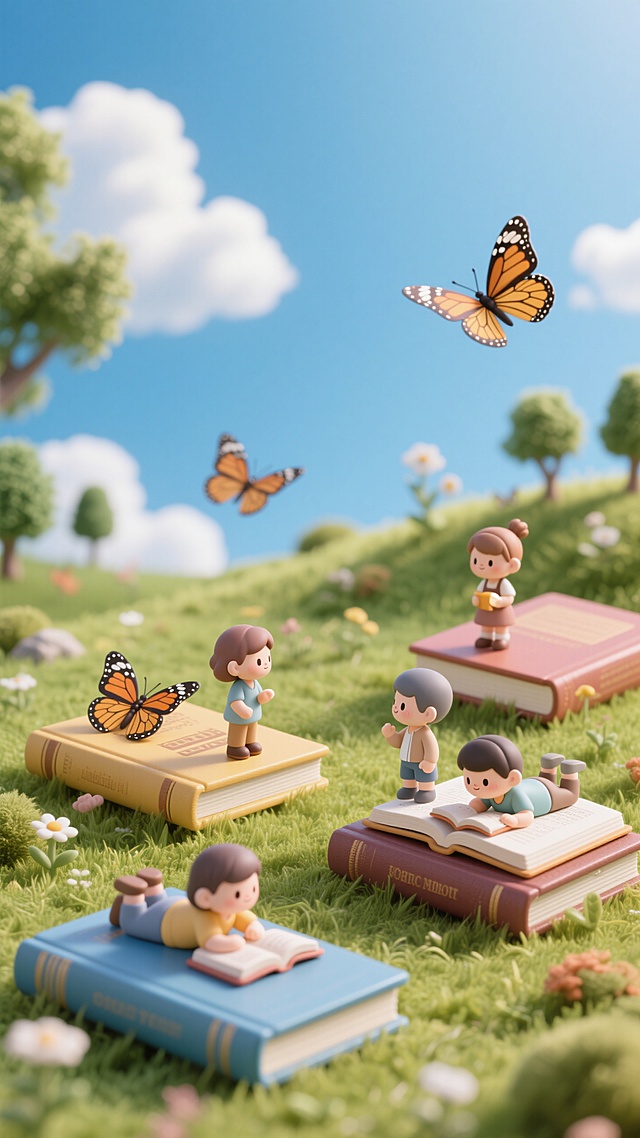 清新卡通3D风，微缩艺术展现童趣阅读场景，简约水彩背景，蝴蝶翩翩，书香四溢。