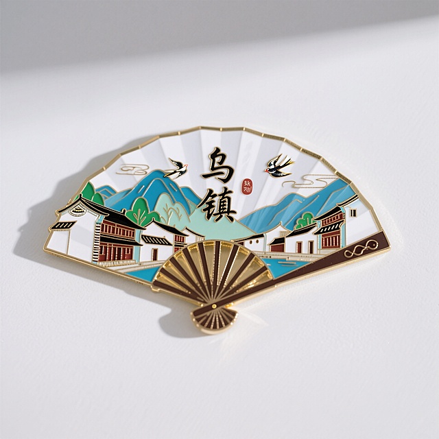 金属珐琅冰箱贴，中式古扇形状，画面主体为大理古城，背景是苍山风景，飞鸟元素点缀，文字“乌镇”合理排版，配色鲜明