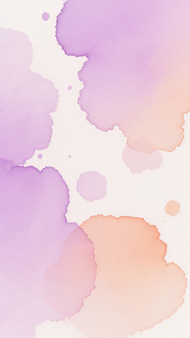 水彩风格背景，柔和的粉紫色与淡橙色渐变交融，保留水彩特有的透明晕染质感和自然流淌的笔触纹理，不规则的色块分布，轻盈通透的色彩过渡，留白与色彩交织形成梦幻般的朦胧氛围，整体呈现出柔和浪漫的视觉效果。