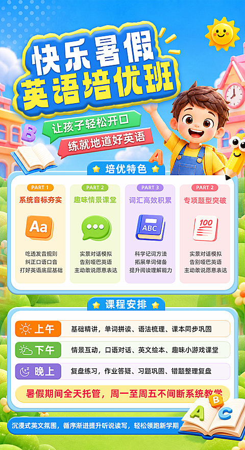 暑假英语补习班招生宣传卡通风竖版海报