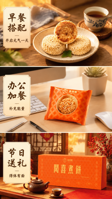[第6屏] 多场景食用展示屏。
[氛围/风格] 生活场景化，温馨自然，暖调日常摄影质感，让人有食用欲望。
[元素布局] 画面采用三段竖拼排版，每段一个场景，从上到下依次展示：1. 早餐搭配：盘子里放煮预览效果