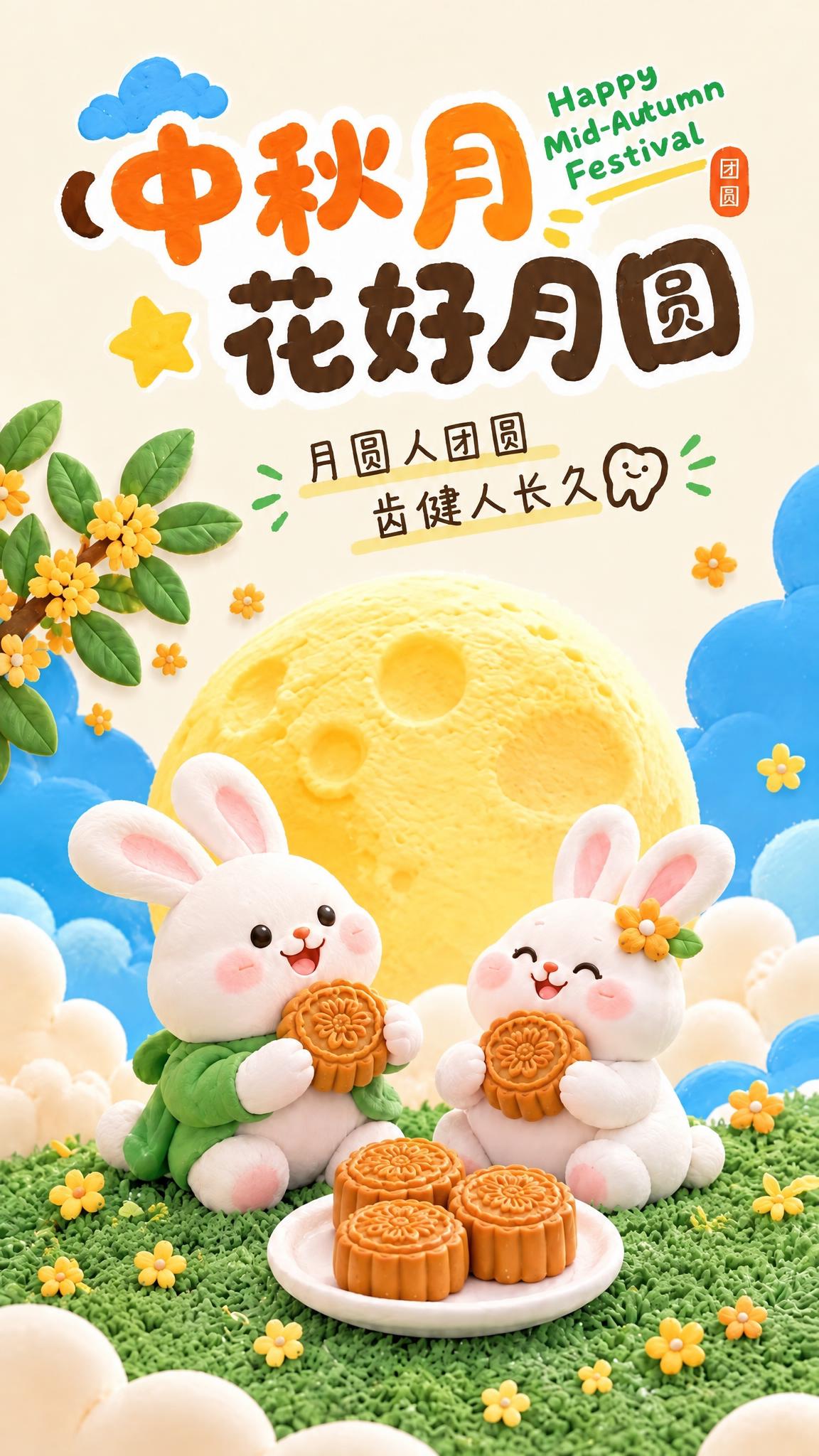 将图中的牙齿造型月饼恢复为普通传统月饼的样子，兔子手中拿的也换… - 图片创意预览