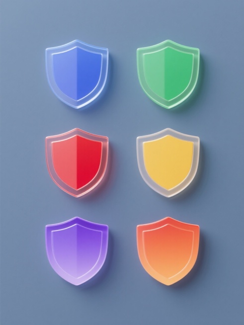 六个规整排布的护盾元素图标，整体造型简约现代，每个护盾采用不同配色方案，包含蓝色、绿色、红色、黄色、紫色、橙色等多种纯色，搭配不同材质表现，如磨砂质感、光滑镜面、半透明亚克力、金属光泽、哑光塑料、渐变色彩等，所有图标置于纯色背景上，无任何文字、logo及水印，保持一致的简洁设计风格。预览效果