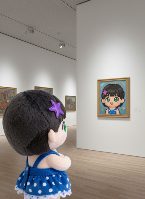 参考图娃娃站在画面左侧看着画展展示的画，右侧墙上的挂画内容为娃娃本体像素画，画框要放高一点，娃娃侧背对镜头，面对画框抬头看，露出一点侧脸，整体背景设定在一个高档画展区。预览效果