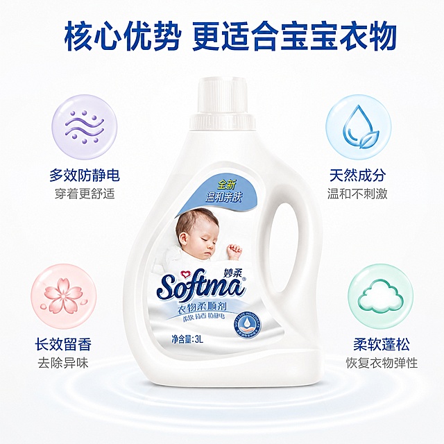 [主图-2] 妙柔衣物柔顺剂核心卖点展示图。氛围风格干净可信、轻科技风格，清爽通透质感。画质商业摄影质感、光线柔和通透、产品清晰真实、画面干净高级。妙柔3L衣物柔顺瓶身居中放置在纯白色背景上，画面中心产品主体周围环绕四个核心卖点图标，每个图标搭配短句说明。保持衣物柔顺剂产品外观（即物理结构、材质质感、颜色）与输入产品图保持绝对一致，杜绝任何变形和色差，精细化处理。商品主体占比控制在60%左右，四周预留卖点位置。光影均匀棚拍柔光，无明显硬阴影，整体明亮干净，突出产品轮廓。配色主色调纯白色，搭配浅蓝品牌色点缀，每个卖点图标用不同低饱和柔和颜色区分。视角构图正面平视居中构图，整体均衡分布，清晰不拥挤。文字版式顶部居中大标题写"核心优势 更适合宝宝衣物"，蓝色粗体；四个卖点环绕产品：右上「天然成分 温和不刺激」配水滴图标；右下「柔软蓬松 恢复衣物弹性」配云朵图标；左下「长效留香 去除异味」配花瓣图标；左上「多效防静电 穿着更舒适」配静电波纹图标。每个图标在上文字在下，字体清晰可读，不遮挡产品主体。比例分辨率1:1比例，文字清晰锐利，画面超高清。负向提示词变形，文字错乱，产品图模糊，背景杂乱，水印，电商平台Logo