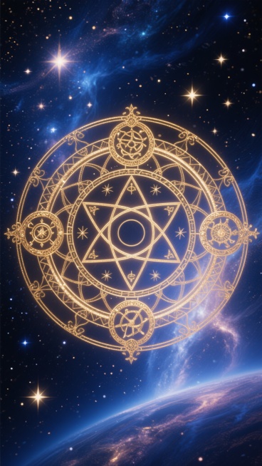 一个复杂而华丽的金色魔法阵，位于画面中心，由多个同心圆和神秘符号组成，散发着柔和的光芒，背景是深邃的蓝色宇宙，点缀着闪烁的星星和星云，整体呈现出一种神秘而梦幻的氛围预览效果