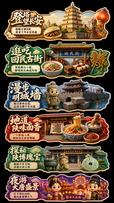 一张电商直播切片横版合集图，整图纯黑色背景，整齐排布6款独立异形旅游美食主题贴纸，统一3D卡通风格、OC渲染材质、色彩丰富高饱和度、立体分层效果、自带加厚轮廓描边、每张贴纸独立造型互不重叠；
1. 第预览效果