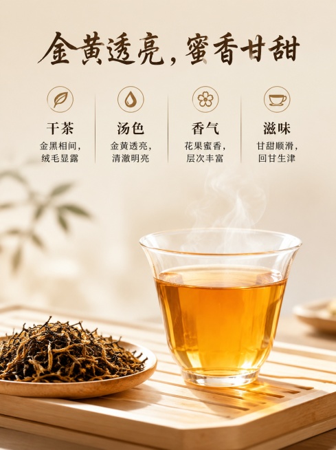[第5屏] 品鉴体验页-金骏眉干茶汤色香气滋味展示。
[氛围/风格] 禅意茶道美学，通透干净，商业静物摄影质感。
[元素布局] 画面主体为透明玻璃杯中盛放金骏眉茶汤，金黄透亮，蒸汽微微升腾，旁边点缀干预览效果