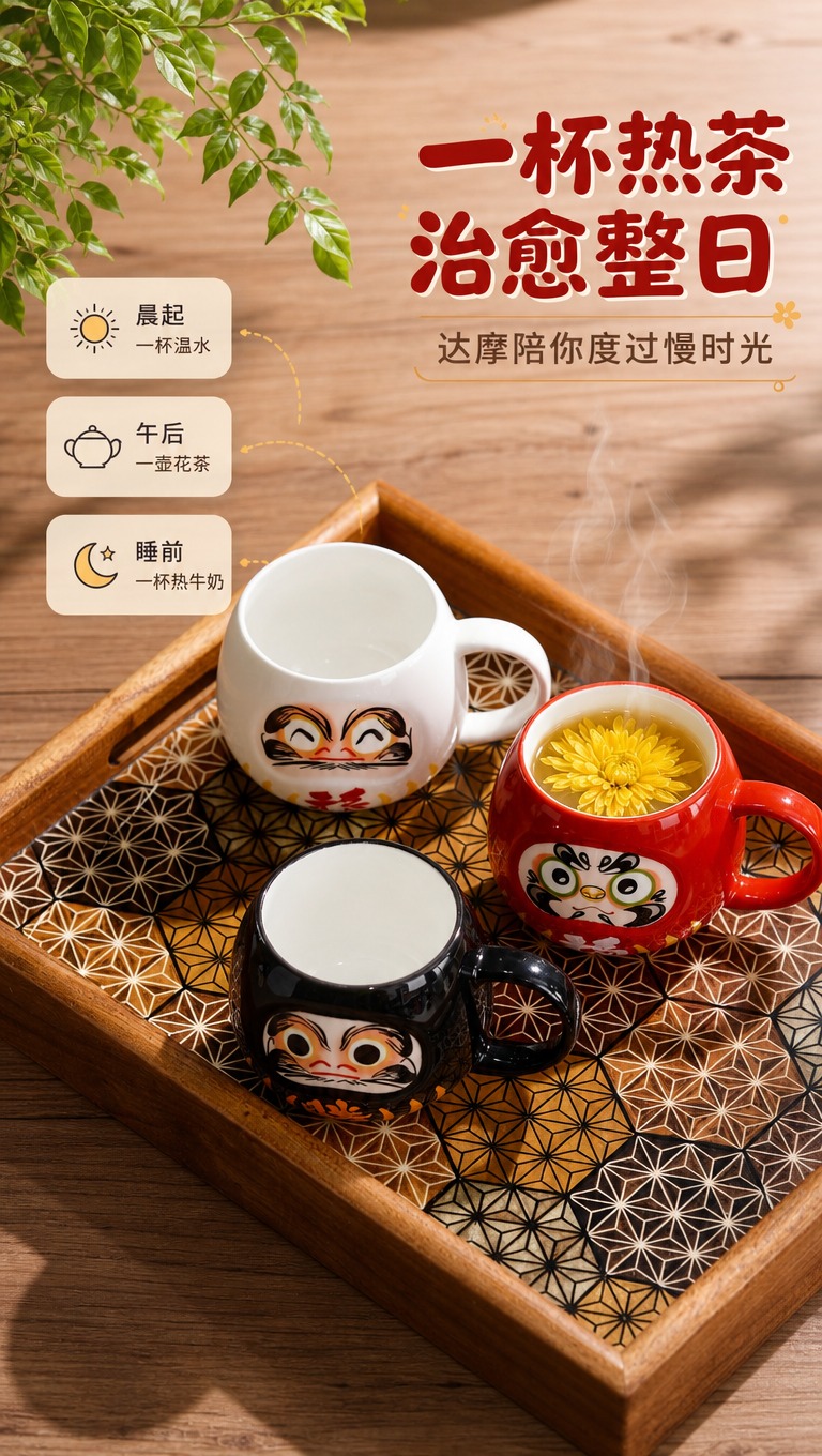 [商品] 使用【图8】三色达摩杯花茶场景；保留白色杯（弯眼红福… - 图片创意预览