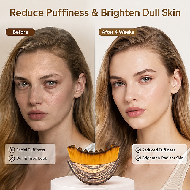 [主图-5] 护肤前后效果对比图
标题文字: "Reduce Puffiness & Brighten Dull Skin"
[氛围风格] 左右分栏对比，干净简约ins护肤风格
[画质] 商业摄影质感，光线柔和通透，产品清晰真实，画面干净高级，超高清
[元素] 左右分栏对比布局；左侧展示护理前面部浮肿暗沉状态，右侧展示长期使用后线条紧致、肤色透亮效果，产品示意图放置在画面下方居中位置，保持产品外观（物理结构、材质质感、颜色）与输入产品图绝对一致，杜绝任何变形和色差，精细化处理。模特均为同一位英国女性，标题文字放置在画面顶部，纤细简约无衬线字体，深棕色文字，对比清晰直观
[光影] 左右光影统一，左侧光线略暗沉突出问题，右侧光线明亮突出改善效果
[配色] 低饱和柔和色调，左侧偏暗沉，右侧偏透亮，标题文字深棕色
[视角构图] 左右等分对比构图，对比清晰，产品示意明确
[输出要求] 1:1正方形比例，所有文字均为英文，文字清晰锐利，超高清商业摄影质感
[负向提示词] 变形，文字错乱，产品图模糊，背景杂乱，水印，电商平台Logo，多余装饰，夸大变形