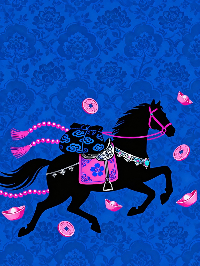 一张极具奢华感的新中式国潮插画，矢量艺术风格。画面背景是深邃、高饱和度的克莱因蓝，满铺着低调的、同色系的经典双宝相花海棠纹交织老花纹理，营造出奢侈品牌面料的质感。画面主体是一匹纯黑色的剪影骏马，呈现腾空奔跑的动态，线条流畅有力。马背上驮着一个圆润的黑色行囊包裹，包裹上饰有蓝色的祥云暗纹。马鞍垫设计精致木镶银錾花纹嵌松石珊瑚马鞍，底色为亮粉色，上面印有蓝色的五瓣梅花图案。马身周围漂浮环绕着一些扁平的亮粉色的中国古铜钱方孔圆钱和几枚粉色的金元宝图案，一串亮粉色珠串环绕在马边上，流苏飘逸。亮粉色的马笼头，
整体配色为极具视觉冲击力的蓝粉撞色，画面干净，构图居中，边缘锐利，具有高端时尚插画的张力。
