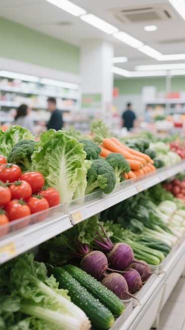 明亮整洁的日常超市生鲜区场景，货架上整齐码放着新鲜饱满的各色蔬菜，包括翠绿的生菜、西兰花，鲜红的西红柿，橙色的胡萝卜，紫色的甜菜根和翠绿的黄瓜，水珠附着在蔬菜表面显得格外水灵，柔和的白色灯光从上方洒下照亮整个区域，背景中隐约可见其他货架和购物的顾客，整体色调以清新的绿色、红色、橙色等蔬菜自然色彩为主，搭配超市环境的白色和浅灰色，营造出生鲜食品新鲜、健康、丰富的氛围，画面构图饱满，光线明亮柔和，……预览效果