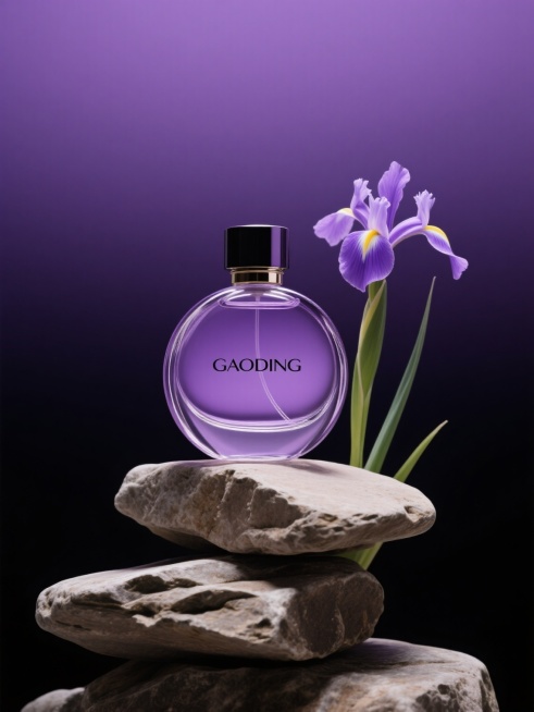 品牌"GAODING"的紫色透明圆形玻璃香水瓶，放置在不规则堆叠的石头上，旁边有鸢尾花作为装饰元素，背景是暗紫色渐变，创意产品摆放，艺术感，高级感，极简美学，新中式审美，静物摄影，商业摄影，高级摄影，一键换背景，电商商品图，自然溶图预览效果