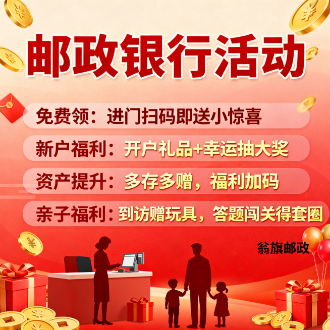邮政银行活动宣传海报，内容包含："免费领：进门扫码即送小惊喜"、"新户福利：开户礼品+幸运抽大奖"、"资产提升：多存多赠，福利加码"、"亲子福利：到访赠玩具，答题闯关得套圈"，右下角标注"翁旗邮政"，预览效果