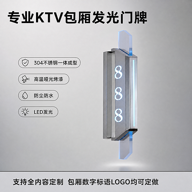 [主图-1] KTV酒吧LED发光包厢门牌首图，专业商用五金展示，氛围风格简约高级科技感；画质商业摄影质感，光线柔和通透，产品清晰真实，画面干净高级；保持这款竖款长方体不锈钢门牌产品外观物理结构材质质感颜色与输入图1绝对一致，杜绝任何变形和色差，精细化处理；门牌居中悬浮展示，商品主体占比约70%，浅灰色极简背景；左上角品牌Logo区安全留白；光影主光从正面打亮金属表面，突出不锈钢拉丝质感，LED发光字柔和通透，边缘蓝色高光清晰，背景暗部有层次；配色主调高级银灰色，点缀冰蓝色LED光；视角平视居中，景深适中，主体完整不裁切；文字版式顶部大字主标题写"专业KTV包厢发光门牌"，加粗黑色无衬线最大号；旁边叠放四个卖点短句：304不锈钢一体成型 高温哑光烤漆 防尘防水 LED发光；底部通栏放一行核心卖点：支持全内容定制 包厢数字标语LOGO均可定做；文字左对齐留安全边距，深灰字浅底强对比，文字清晰可辨；输出1:1比例，文字清晰锐利，超高清商业摄影质感，负向提示词：变形，文字错乱，产品图模糊，背景杂乱，水印，电商平台Logo