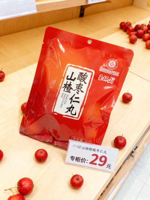 红色袋装山楂酸枣仁丸零食，保持物理结构绝对不变，包装和品牌名称保持原样，严禁扭曲变形。产品放置在超市商品货架上，旁边添加价格标签，标签上写着"专柜价：29元"。空间是浅色简约超市货架环境，浅木色背景，预览效果