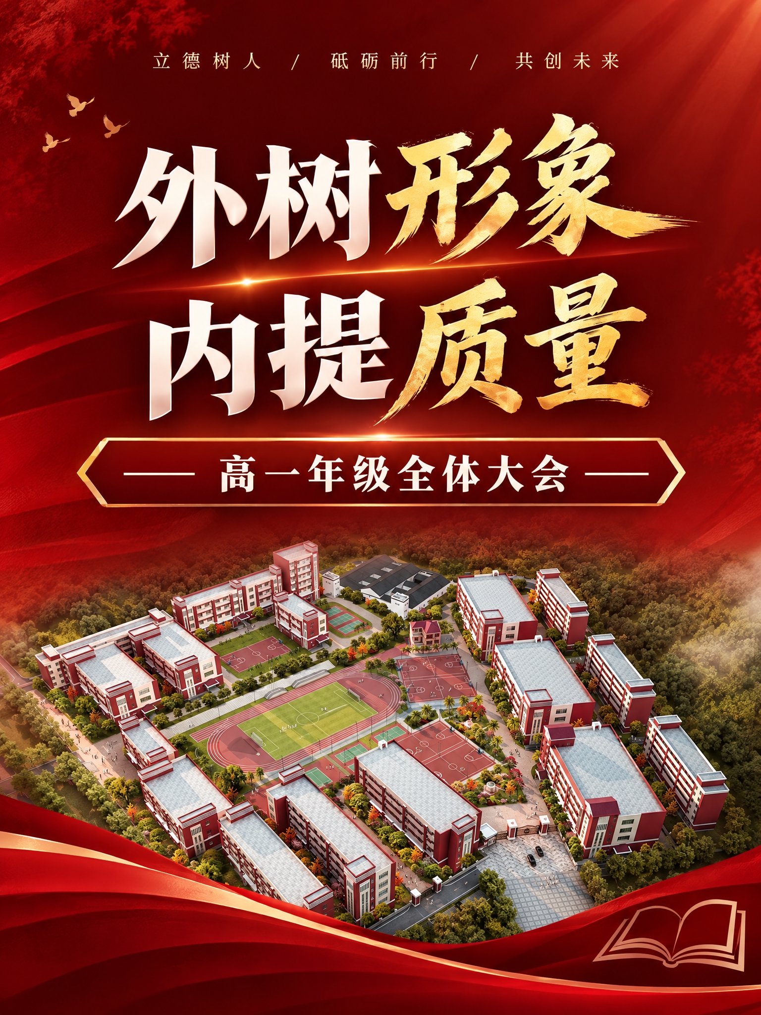 将封面图底部的校门替换为提供的校园鸟瞰图，整体主色调改为深红色… - 图片创意预览