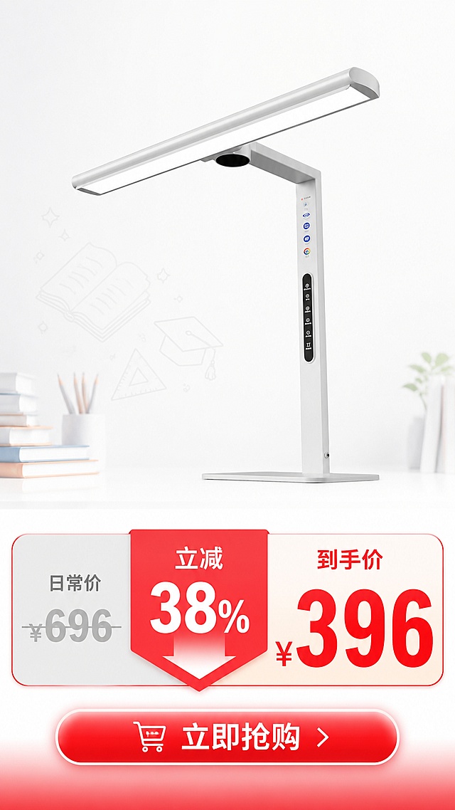[第8屏] 促销价格信息，展示优惠活动。本屏使用【图1】作为产品主体。
[氛围/风格] 清晰促销风格，突出价格信息，高端简洁
[元素布局] 产品放置在上半部分，下半部分为价格区域，背景保持简洁学习相关元素，保持产品外观不变
[光影质感] 明亮清晰，价格区域对比明显，重点信息突出
[配色色系] 全局底色#fafafa，日常价灰色，优惠信息红色加粗突出
[视角构图] 上产品下价格，纵向排版
[文字版式] 底部横向标注价格：日常价696，红色加粗突出显示「立减38%」，再红色加粗突出显示「到手价396」，文字放大醒目，排版在页面底部，符合用户要求
[比例分辨率] 9:16竖版比例，4K超高清分辨率
[负向提示词] 价格文字模糊，重点信息不突出，排版错乱，产品变形